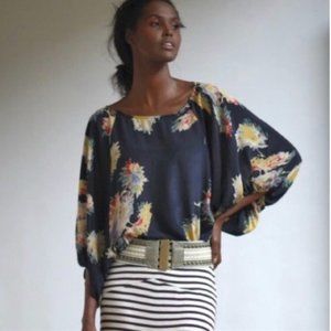 Anthropologie Lil Floral Printed 100% Silk Blouse